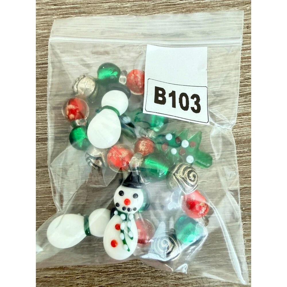 Christmas Lampwork Glass Snowman Tree Charm Stretch Bracelet Holiday Jewelry Fe